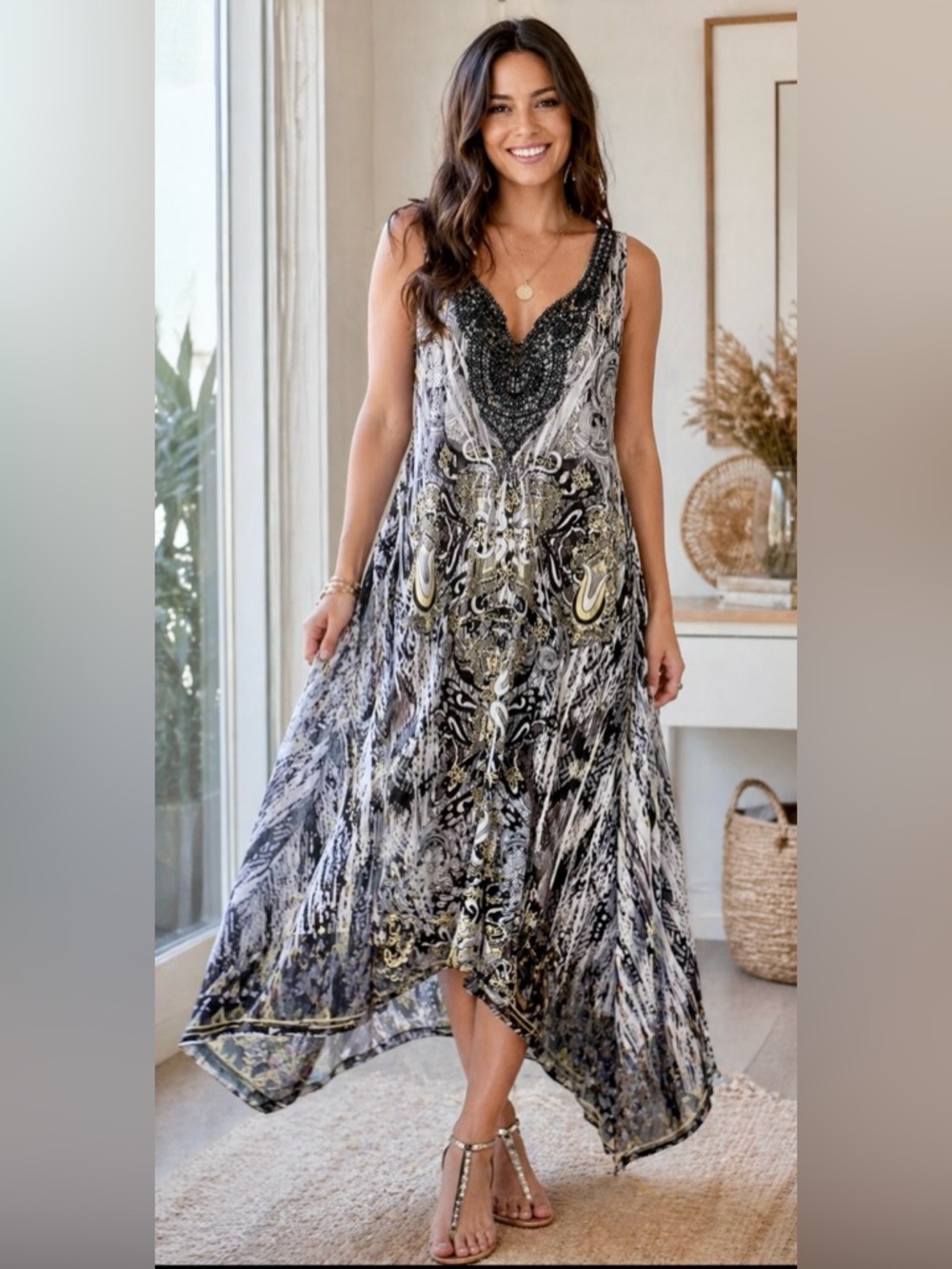 One World Live & Let Live Boho Lace Neck Handkerchief Hem Maxi Dress - L
